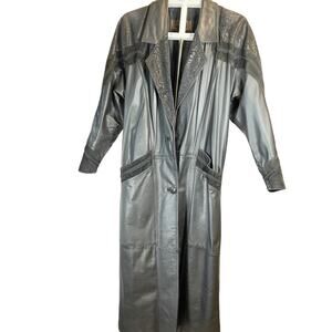 Nevada Blue Leather Trench Coat Paisly Jacquard Woman S LONG ~47" Embroider Trim